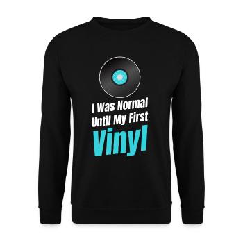 „i Was Normal Until My First Vinyl Antique Rustic - Unisex Pullover - Schwarz - Vorne - Alina (178cm) & Michal (187cm)