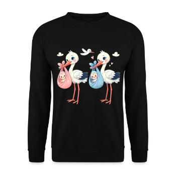 Rosa oder Blauer Storch Baby Überraschung - Unisex Pullover - Schwarz - Vorne - Alina (178cm) & Michal (187cm)