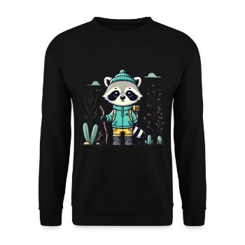 Abenteuerlustiger Waschbär im Wanderoutfit - Unisex Pullover - Schwarz - Vorne - Alina (178cm) & Michal (187cm)