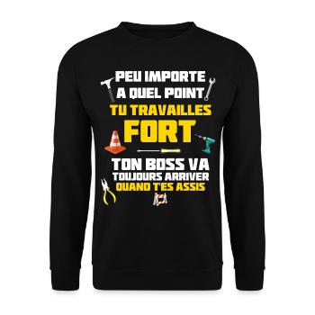 Je Travailles Fort Cadeau Humour Chantier - Sweat-shirt Unisexe - noir - Devant - Alina (178cm) & Michal (187cm)
