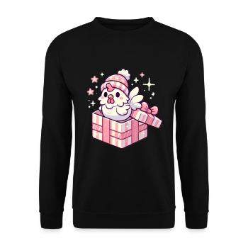 Fröhlicher Hahn in Wintermütze Geschenkbox - Unisex Pullover - Schwarz - Vorne - Alina (178cm) & Michal (187cm)