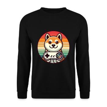 Retro Shiba Gamer mit Sunset Abzeichen - Unisex Pullover - Schwarz - Vorne - Alina (178cm) & Michal (187cm)