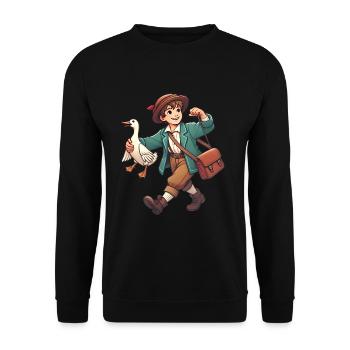 Vintage Junge mit Ente Illustration - Unisex Pullover - Schwarz - Vorne - Alina (178cm) & Michal (187cm)