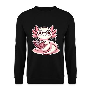 Entzückender Bücherwurm Axolotl Karikatur - Unisex Pullover - Schwarz - Vorne - Alina (178cm) & Michal (187cm)