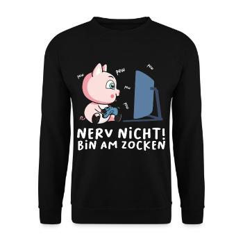 Bin am Zocken Gaming Schwein - Unisex Pullover - Schwarz - Vorne - Alina (178cm) & Michal (187cm)