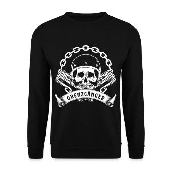 Grenz Gänger Motorradfahrer Motorrad Totenkopf - Unisex Pullover - Schwarz - Vorne - Alina (178cm) & Michal (187cm)