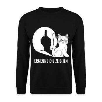 Erkenne Die Zeichen Katze Spruch Mittelfinger - Unisex Pullover - Schwarz - Vorne - Alina (178cm) & Michal (187cm)