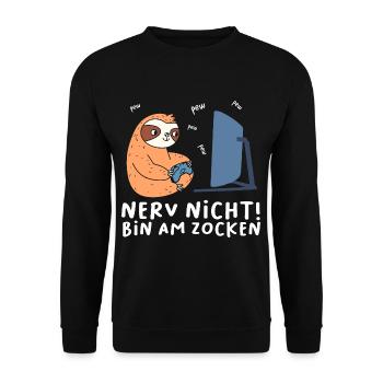 Bin am Zocken Gaming Faultier - Unisex Pullover - Schwarz - Vorne - Alina (178cm) & Michal (187cm)