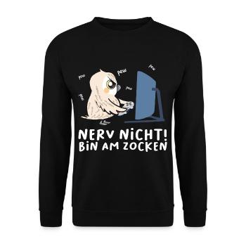 Bin am Zocken Gaming Eule - Unisex Pullover - Schwarz - Vorne - Alina (178cm) & Michal (187cm)