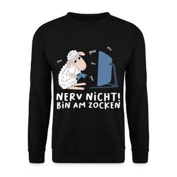 Bin am Zocken Gaming Schaf - Unisex Pullover - Schwarz - Vorne - Alina (178cm) & Michal (187cm)