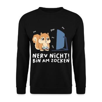Bin am Zocken Gaming Eichhörnchen - Unisex Pullover - Schwarz - Vorne - Alina (178cm) & Michal (187cm)