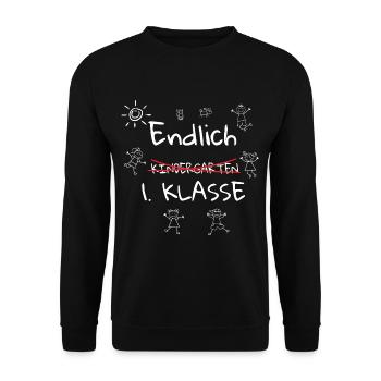Endlich 1. Klasse Schulkind Einschulung - Unisex Pullover - Schwarz - Vorne - Alina (178cm) & Michal (187cm)