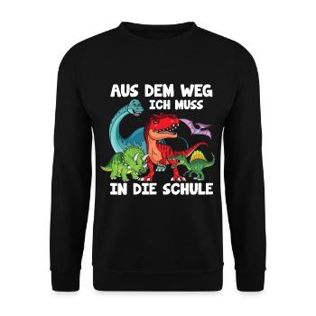 Aus dem Weg ich muss in die Schule Dino - Unisex Pullover - Schwarz - Vorne - Alina (178cm) & Michal (187cm)