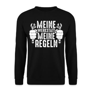 Meine Werkstatt, meine Regeln! Schrauber, Kfz, Fun - Unisex Pullover - Schwarz - Vorne - Alina (178cm) & Michal (187cm)