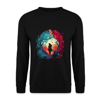 Frau als feenhafter Waldgeist Aquarell Airbrush - Unisex Pullover - Schwarz - Vorne - Alina (178cm) & Michal (187cm)