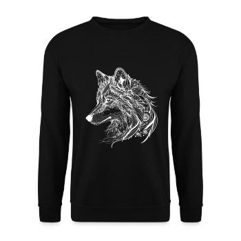 Mythischer Wolf mit Boho, Azteken Muster - Unisex Pullover - Schwarz - Vorne - Alina (178cm) & Michal (187cm)