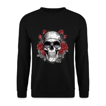 Cooler Hipster Totenkopf mit Brille und Rosen - Unisex Pullover - Schwarz - Vorne - Alina (178cm) & Michal (187cm)