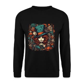 Hutmacher Frau mit roten Haaren - Unisex Pullover - Schwarz - Vorne - Alina (178cm) & Michal (187cm)