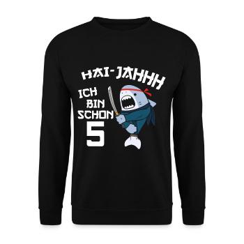 5. Geburtstag Ninja 5 Jahre Ninja Hai Kostüm - Unisex Pullover - Schwarz - Vorne - Alina (178cm) & Michal (187cm)