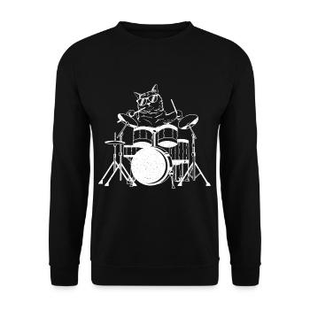 Schlagzeug spielende Katze - Unisex Pullover - Schwarz - Vorne - Alina (178cm) & Michal (187cm)