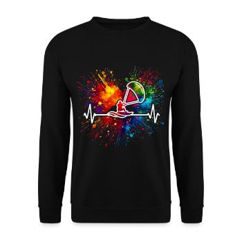 Kitesurfen Herzschlag Bunter Farbspritzer - Unisex Pullover - Schwarz - Vorne - Alina (178cm) & Michal (187cm)