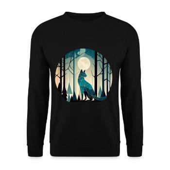 Geometrische Katze im Wald mit Vollmond - Unisex Pullover - Schwarz - Vorne - Alina (178cm) & Michal (187cm)