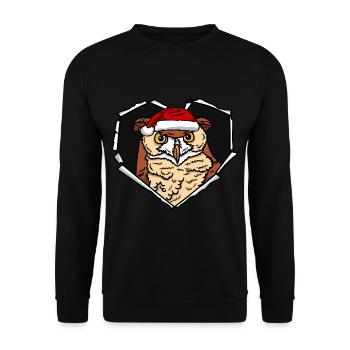 Riss Eulengesicht mit Weihnachtsmütze Loch - Unisex Pullover - Schwarz - Vorne - Alina (178cm) & Michal (187cm)