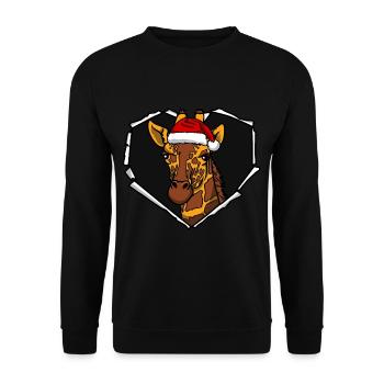 Riss Giraffe mit Weihnachtsmütze Loch - Unisex Pullover - Schwarz - Vorne - Alina (178cm) & Michal (187cm)