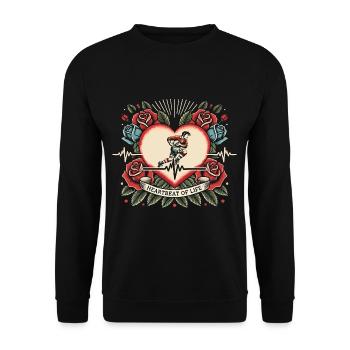 Schneemobil Herzschlag Retro Tattoo mit Rosen - Unisex Pullover - Schwarz - Vorne - Alina (178cm) & Michal (187cm)