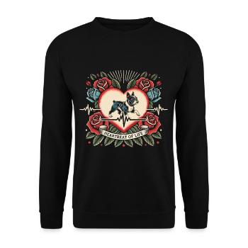 Mops Herzschlag Retro Tattoo mit Rosen - Unisex Pullover - Schwarz - Vorne - Alina (178cm) & Michal (187cm)