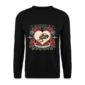 Quad Herzschlag Retro Tattoo mit Rosen - Unisex Pullover - Schwarz - Vorne - Alina (178cm) & Michal (187cm)