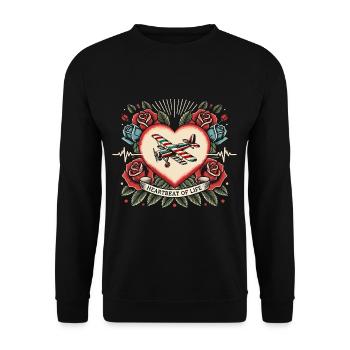 Lama Herzschlag Retro Tattoo mit Rosen - Unisex Pullover - Schwarz - Vorne - Alina (178cm) & Michal (187cm)