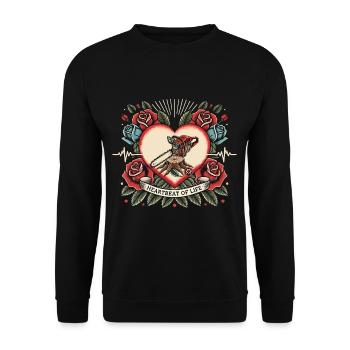Holzfäller Herzschlag Retro Tattoo mit Rosen - Unisex Pullover - Schwarz - Vorne - Alina (178cm) & Michal (187cm)