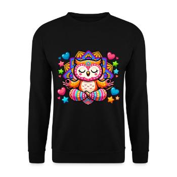 Meditierende Eule Mandala Yoga Meditation - Unisex Pullover - Schwarz - Vorne - Alina (178cm) & Michal (187cm)