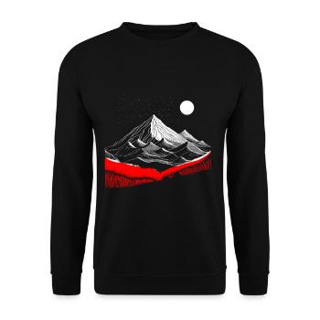 Berge mit Mond und roten Details - Minimalismus - Unisex Pullover - Schwarz - Vorne - Alina (178cm) & Michal (187cm)