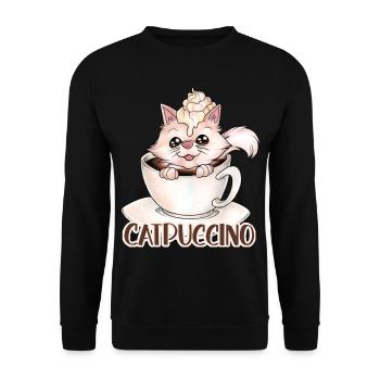 Catpuccino für Katzen und Kaffeeliebhaber Wortwitz - Unisex Pullover - Schwarz - Vorne - Alina (178cm) & Michal (187cm)