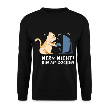 Bin am Zocken Gaming Katze - Unisex Pullover - Schwarz - Vorne - Alina (178cm) & Michal (187cm)