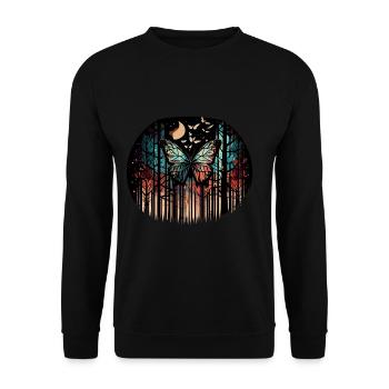 Geometrischer Schmetterling mit Mond im Wald - Unisex Pullover - Schwarz - Vorne - Alina (178cm) & Michal (187cm)