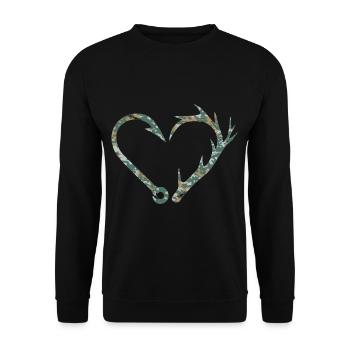 Angler Jäger Herz Angelhaken Geweih Angeln Jagd - Unisex Pullover - Schwarz - Vorne - Alina (178cm) & Michal (187cm)