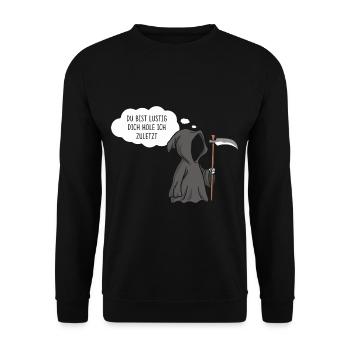 Sensenmann Du Bist Lustig Dich Hole Ich Zuletzt - Unisex Pullover - Schwarz - Vorne - Alina (178cm) & Michal (187cm)