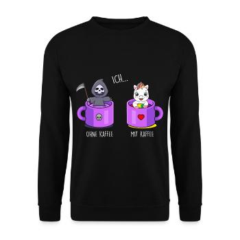 Ich ohne Kaffee Ich mit Kaffee Einhorn Kaffee - Unisex Pullover - Schwarz - Vorne - Alina (178cm) & Michal (187cm)