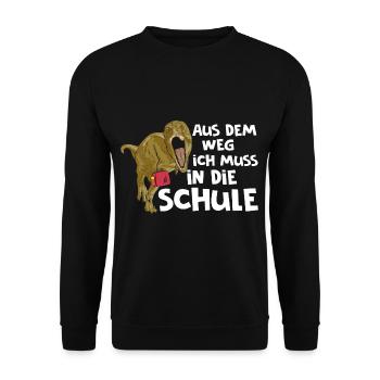 Aus dem Weg ich muss in die Schule Dino - Unisex Pullover - Schwarz - Vorne - Alina (178cm) & Michal (187cm)
