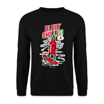 Spruch "Bleib' Chillig!" und Chili auf Skateboard - Unisex Pullover - Schwarz - Vorne - Alina (178cm) & Michal (187cm)