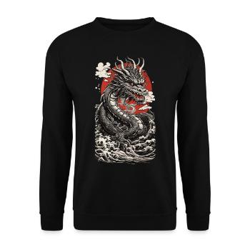 Ukiyo-E Drache Retro Asiatischer Japan Kunst Stil - Unisex Pullover - Schwarz - Vorne - Alina (178cm) & Michal (187cm)