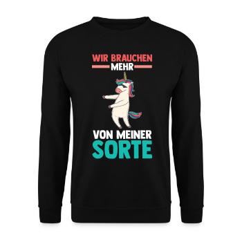 Einhorn Wir brauchen mehr von meiner Sorte - Unisex Pullover - Schwarz - Vorne - Alina (178cm) & Michal (187cm)