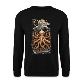 Ukiyo-E Oktopus Japanisches Meer und Fischer - Unisex Pullover - Schwarz - Vorne - Alina (178cm) & Michal (187cm)