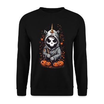 Kawaii Einhorn Sensenmann Halloween Zauber - Unisex Pullover - Schwarz - Vorne - Alina (178cm) & Michal (187cm)