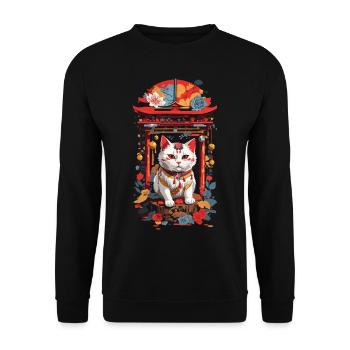 Maneki Neko Glückskatze im japanischen Schrein - Unisex Pullover - Schwarz - Vorne - Alina (178cm) & Michal (187cm)