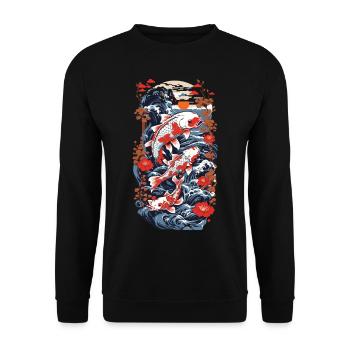 Koi Karpfen mit Wasserblumen Ukiyo-E Kunststil - Unisex Pullover - Schwarz - Vorne - Alina (178cm) & Michal (187cm)