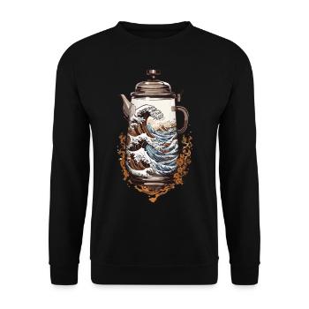 Kaffee Ukiyo-E Welle Kaffeekanne Streetwear - Unisex Pullover - Schwarz - Vorne - Alina (178cm) & Michal (187cm)